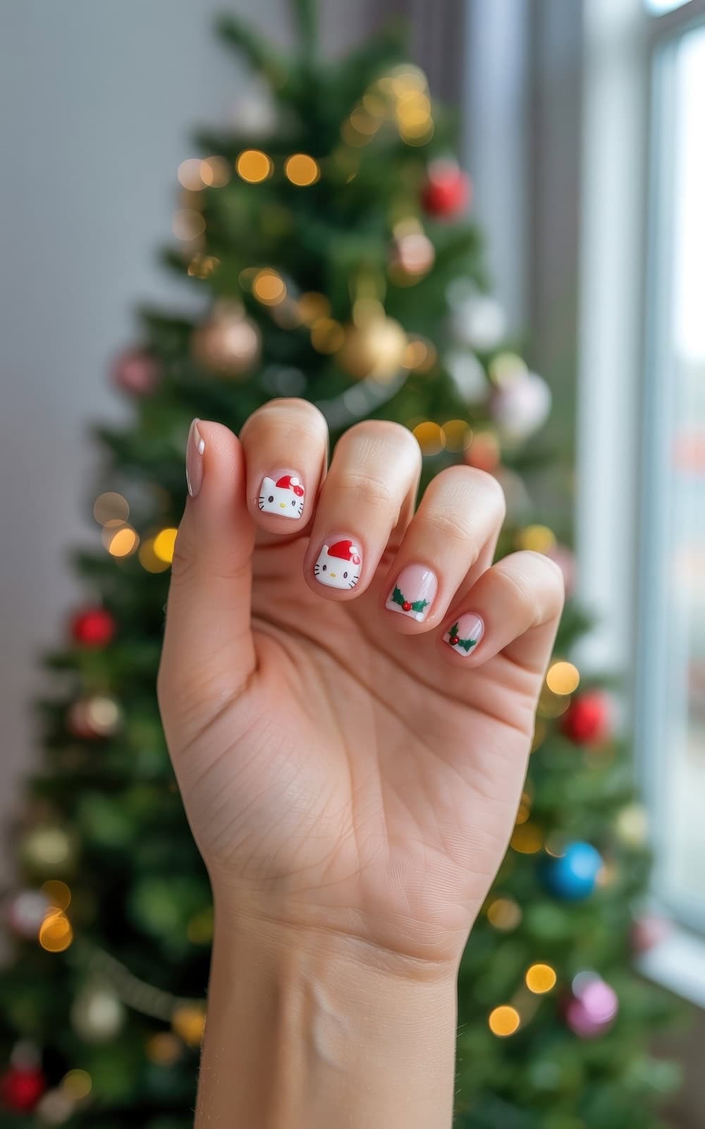 Child's short nails with cartoon character, Santa hat and holly Christmas nail art