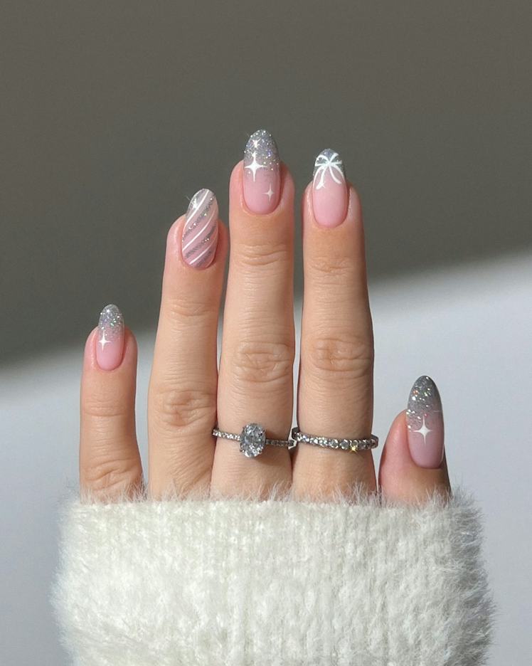 Silver glitter french with bow details