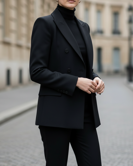 Power Minimalism: A Black Tailored Suit with a Turtleneck Underneath