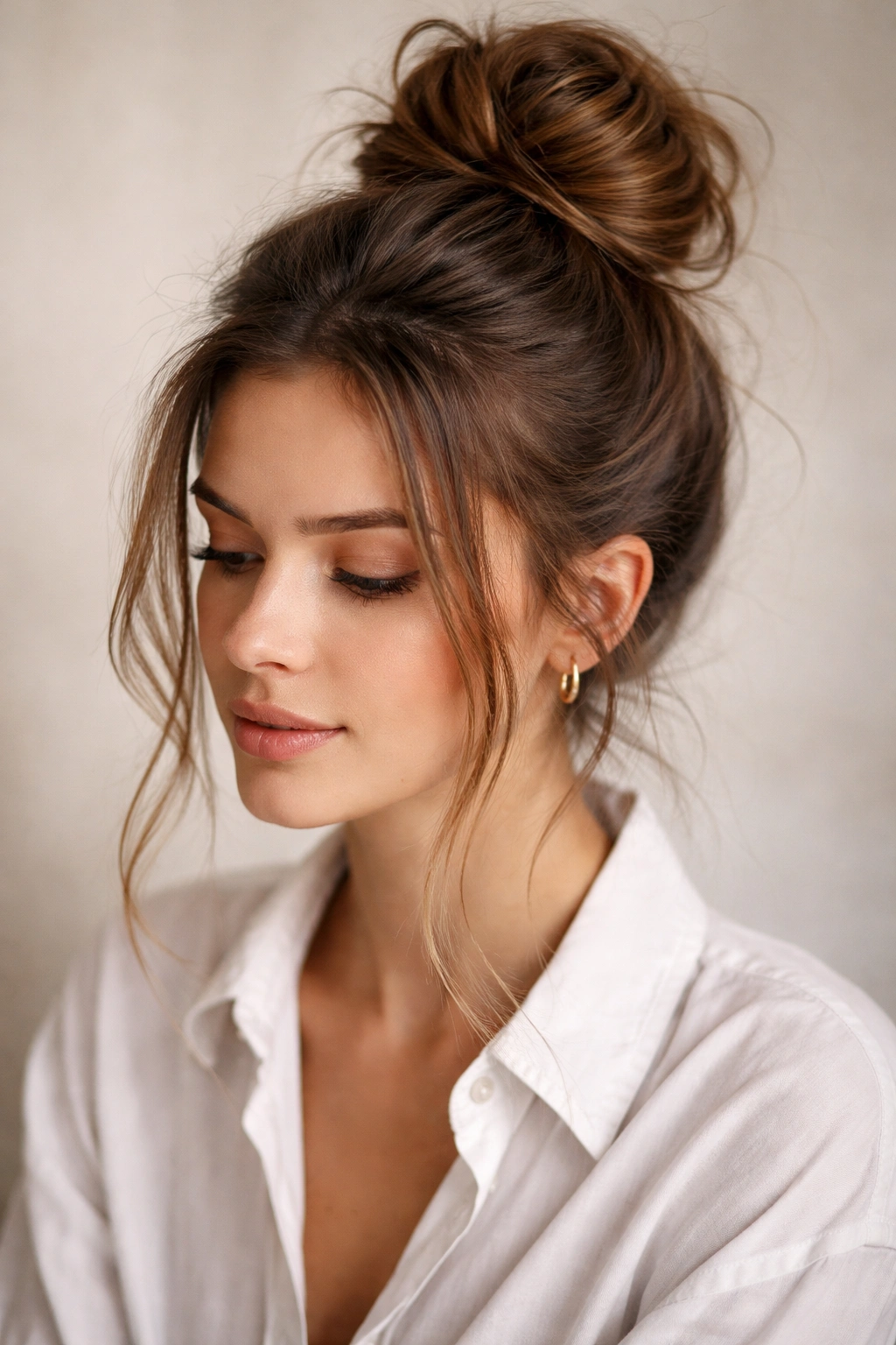 Messy high bun on brunette hair with loose face-framing strands