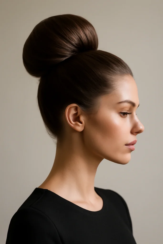 Side profile of a high sleek wrapped bun