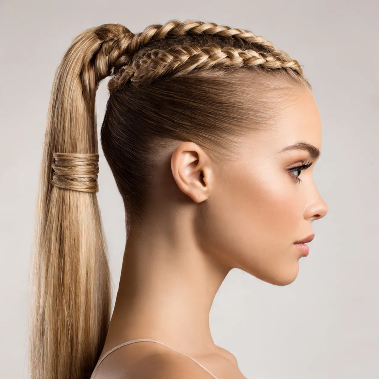 High ponytail with a braided crown section