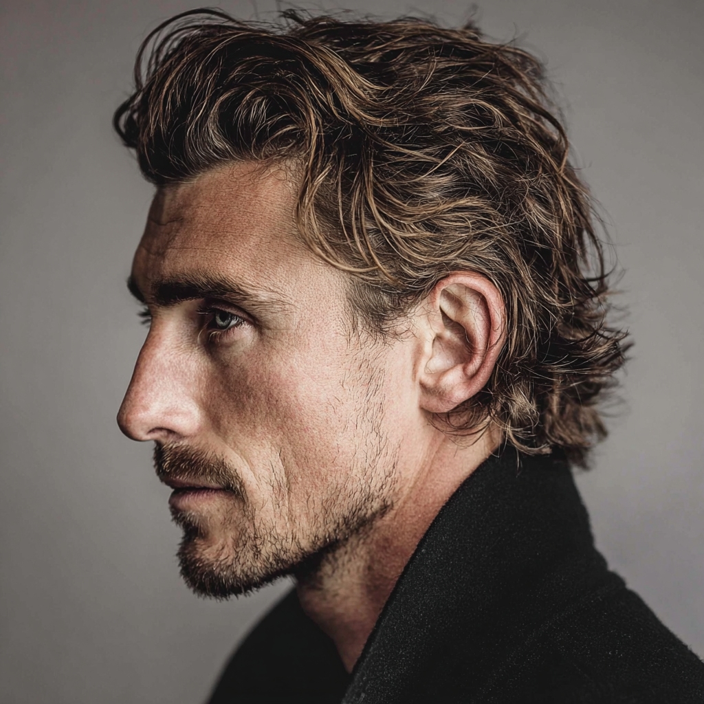 Man with a medium-length flow haircut swept back naturally