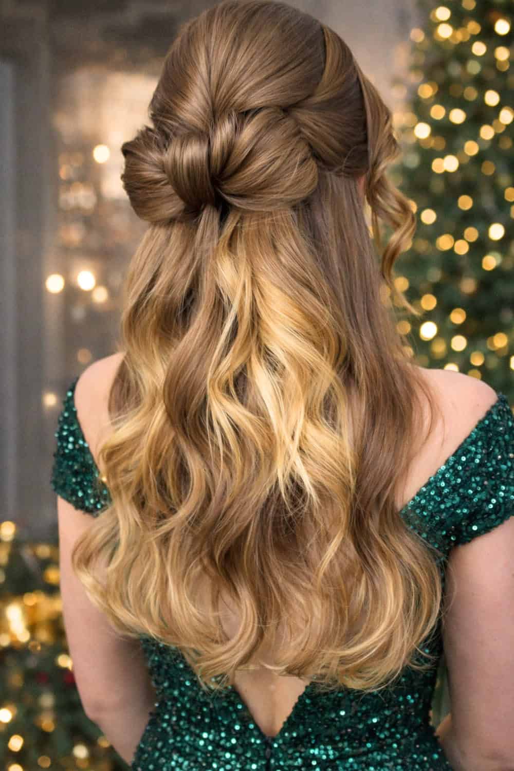 Half-up twisted bun with the rest of the hair falling in loose glossy waves