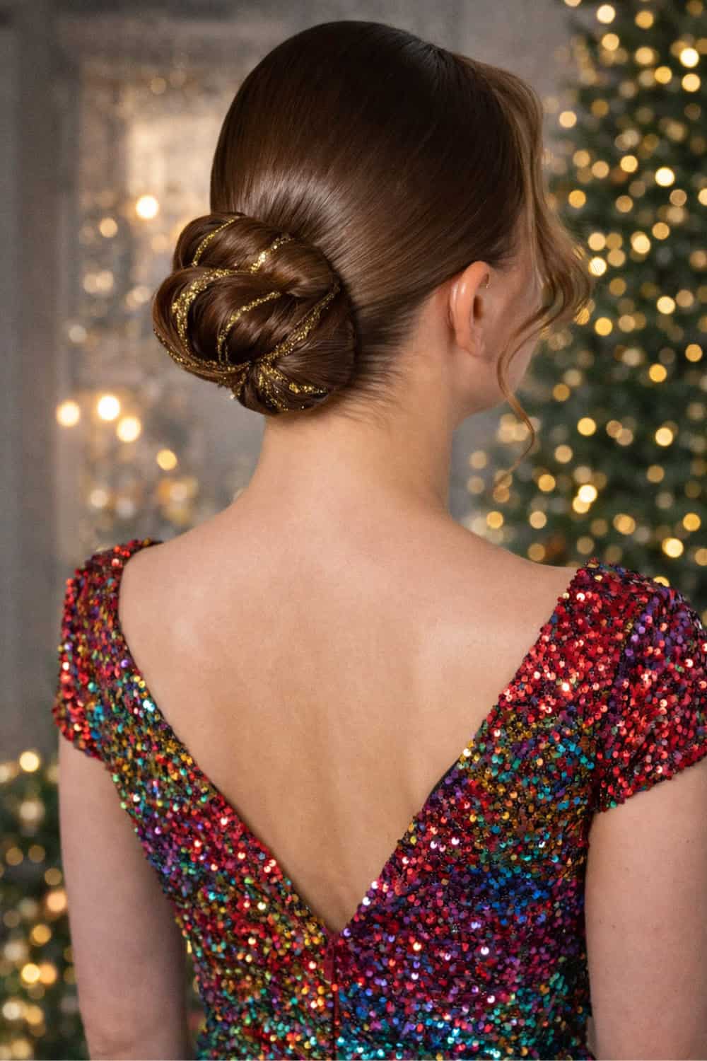 Sleek low bun at the nape with thin gold ribbon woven through the twists