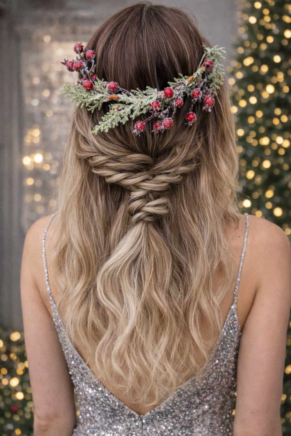 Soft low half-up braid with loose waves and a frosted greenery hair piece with berries