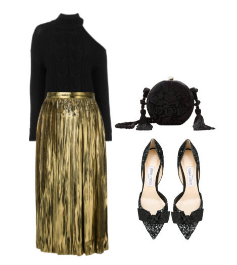Woman wearing a holiday office party outfit styled for an evening event