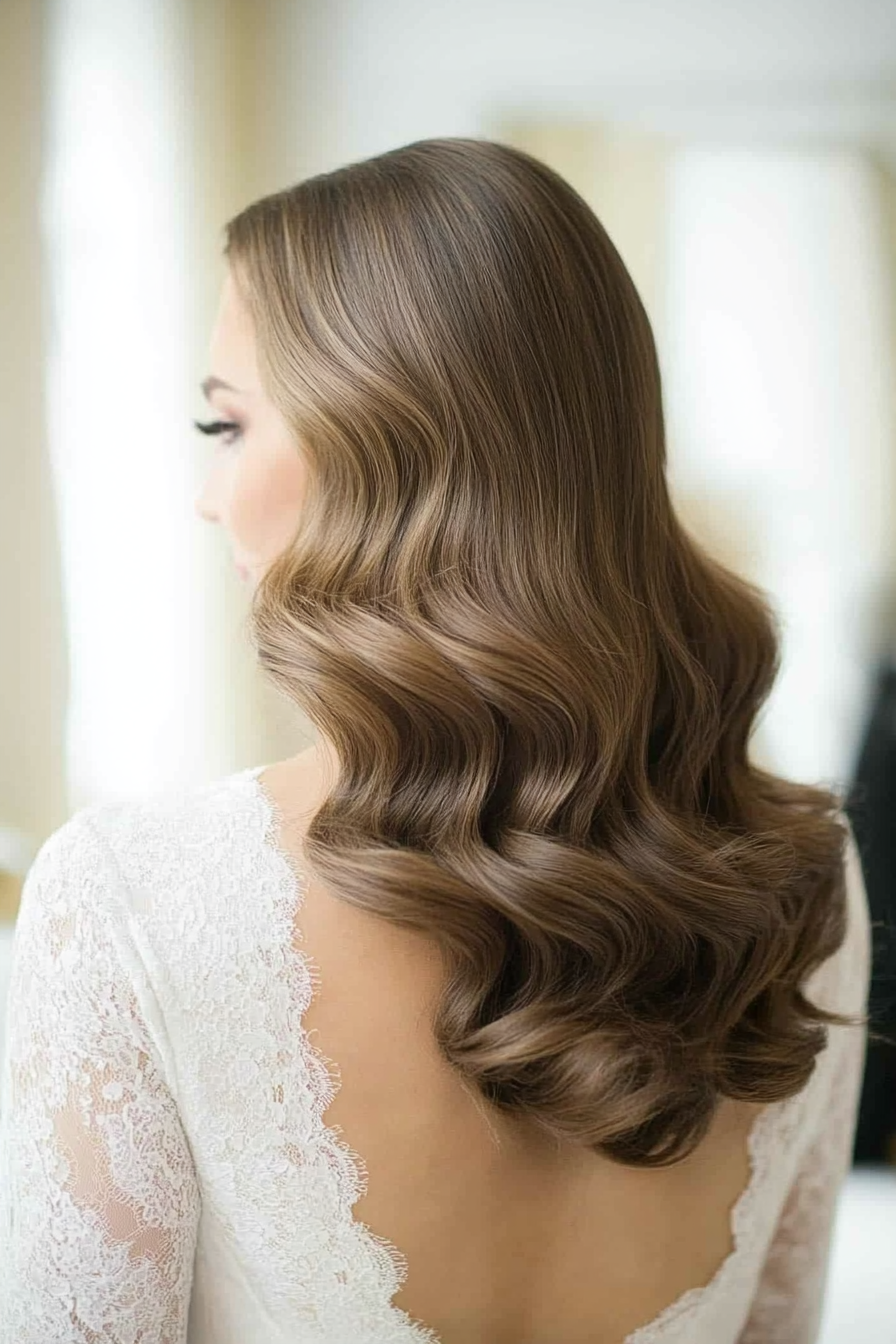 Long vintage Hollywood waves styled with a deep side part on dark brown hair