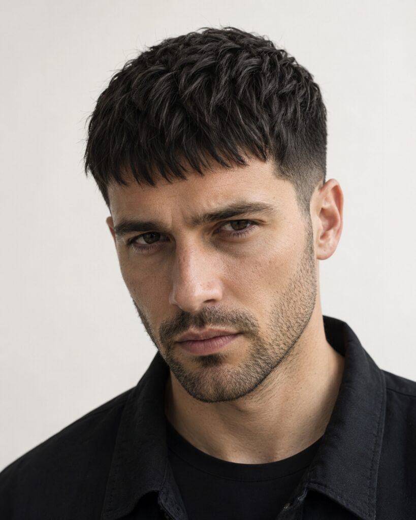 Man with a French crop haircut and high bald fade