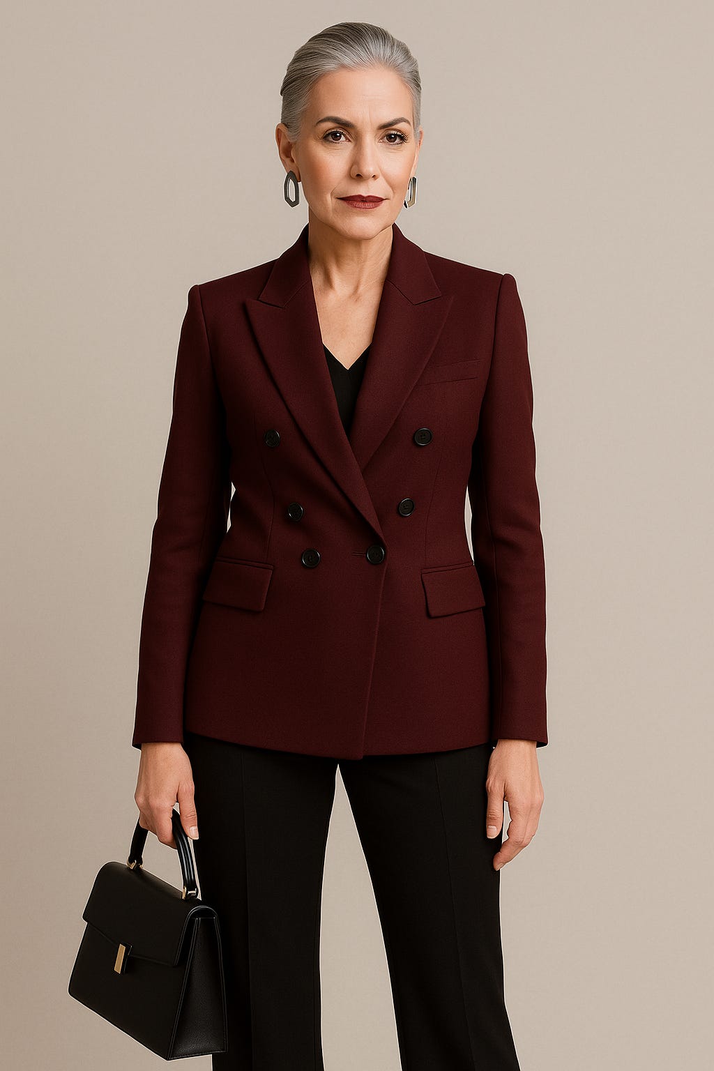 Mature woman in a burgundy double-breasted blazer with black trousers holding a black handbag