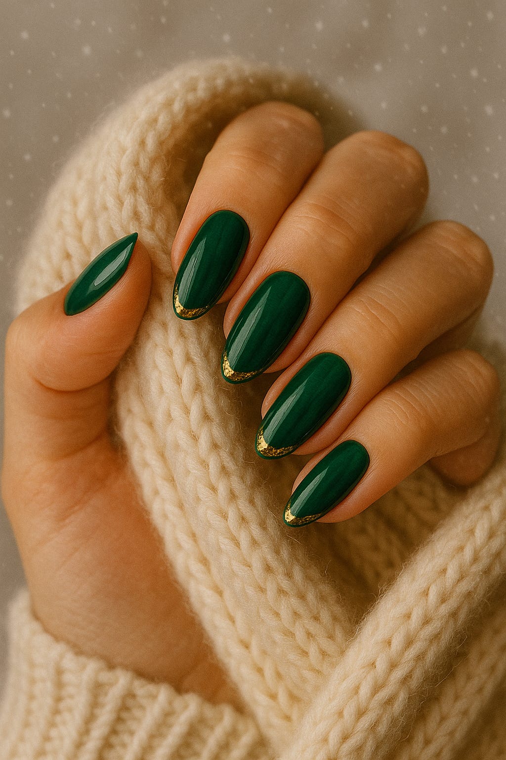 Dark green matte Christmas nails with gold tips