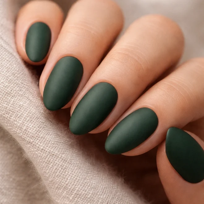 Short almond nails in matte deep hunter green polish