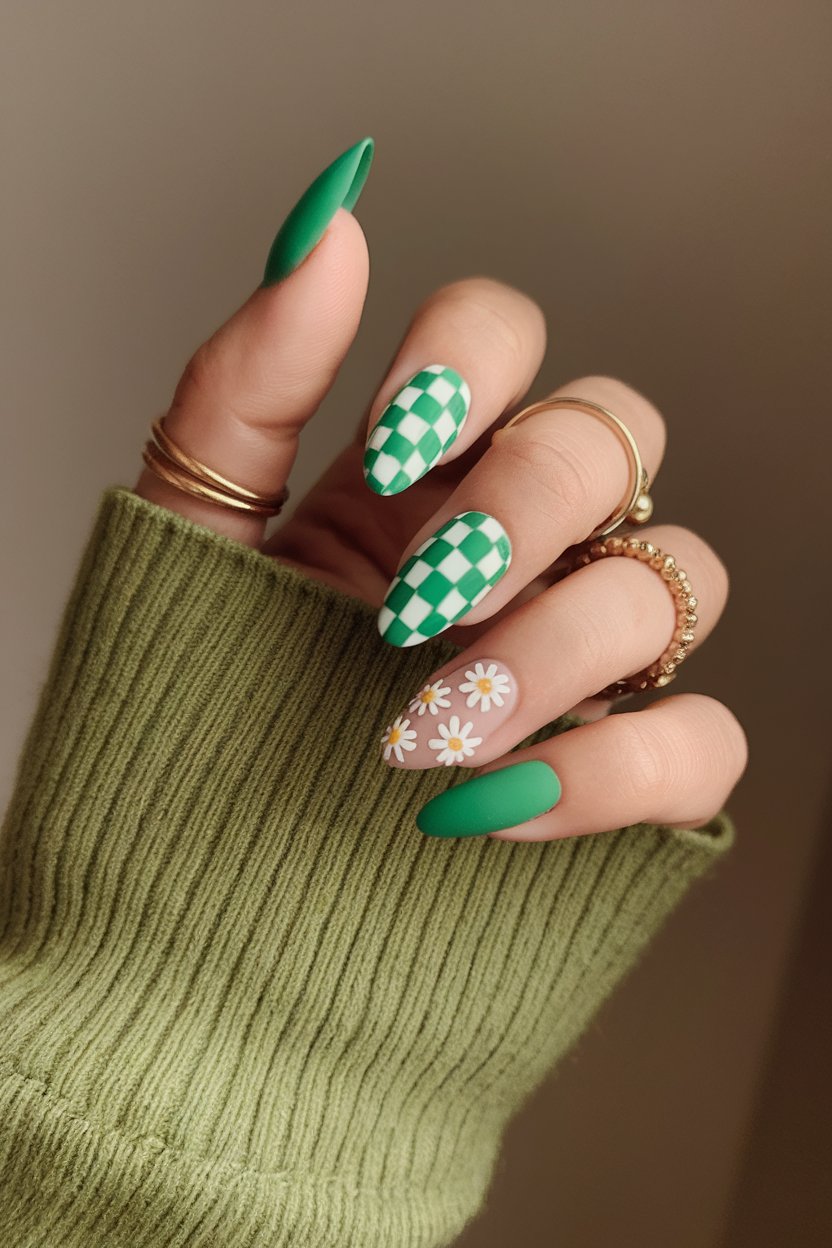 Green and white checkerboard nail art