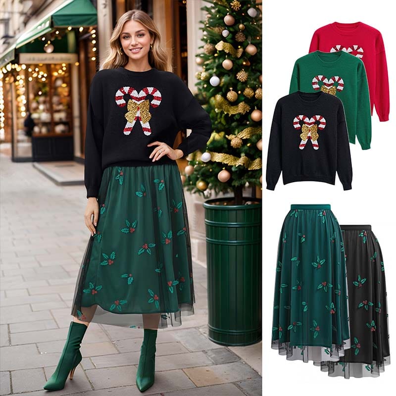Woman wearing a black candy-cane bow sweater with a green holly print tulle skirt and green boots