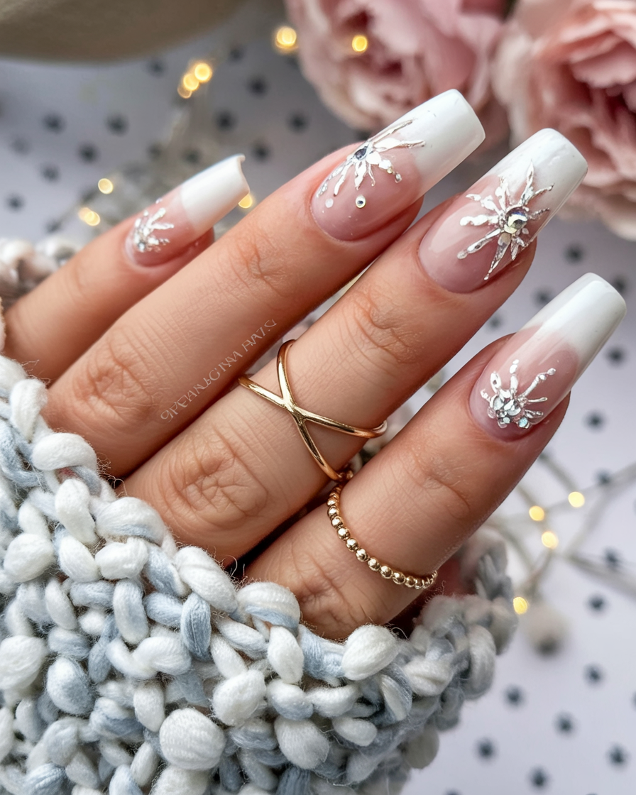 White french tips decorated with delicate snowflakes