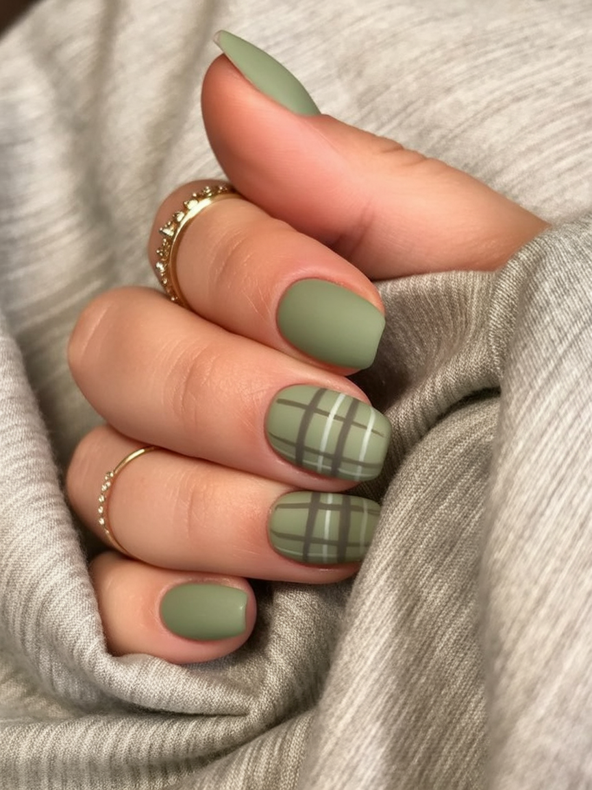 Matte sage green nails with thin plaid line nail art on accent nails