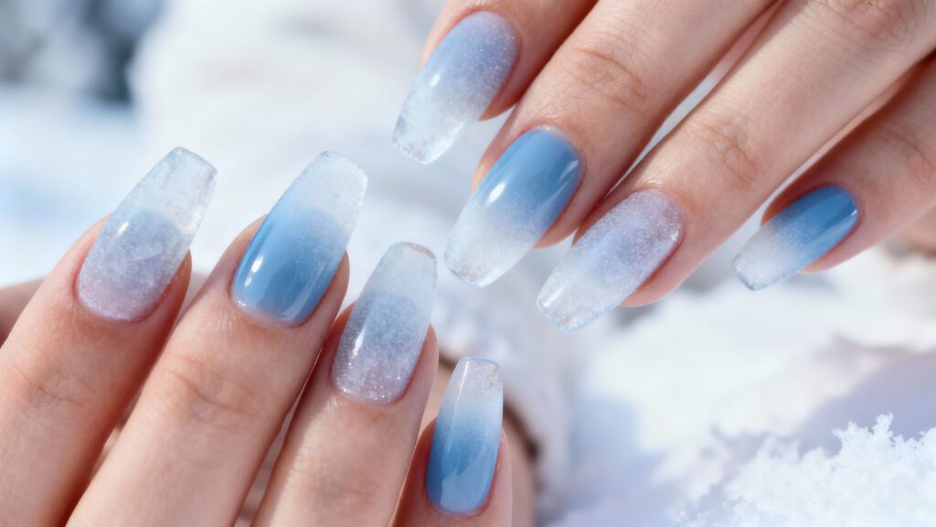 Coffin nails with icy blue polish fading to white glitter at the tips