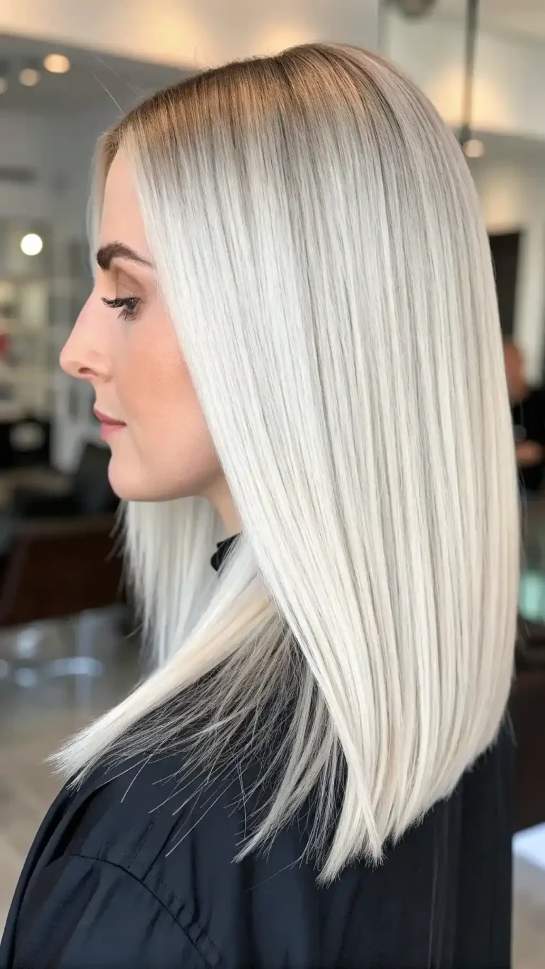 Ash blonde lob with a dark shadow root and soft curtain bangs