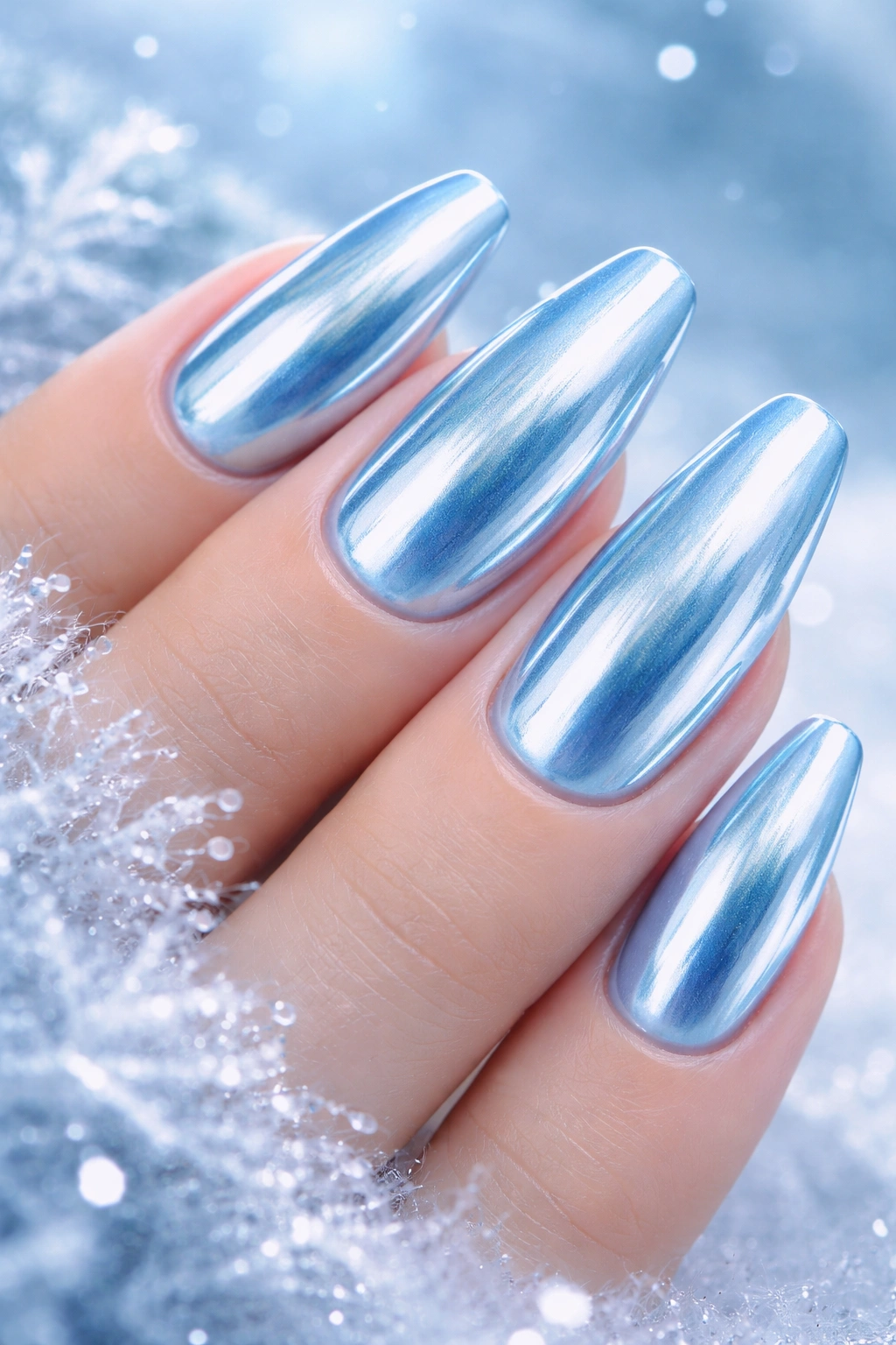Icy blue chrome nails with a frosty shimmering metallic sheen