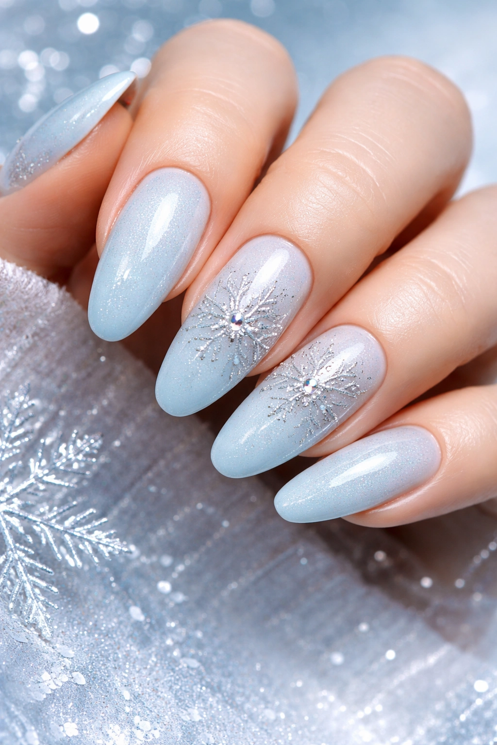 Frosty blue shimmer almond nails with silver snowflake art and crystal centers