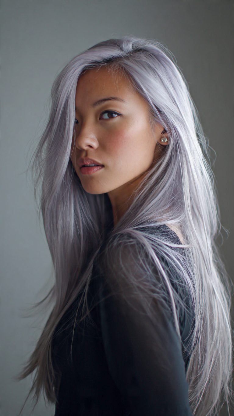 Lavender gray hair with amethyst sheen and highlights