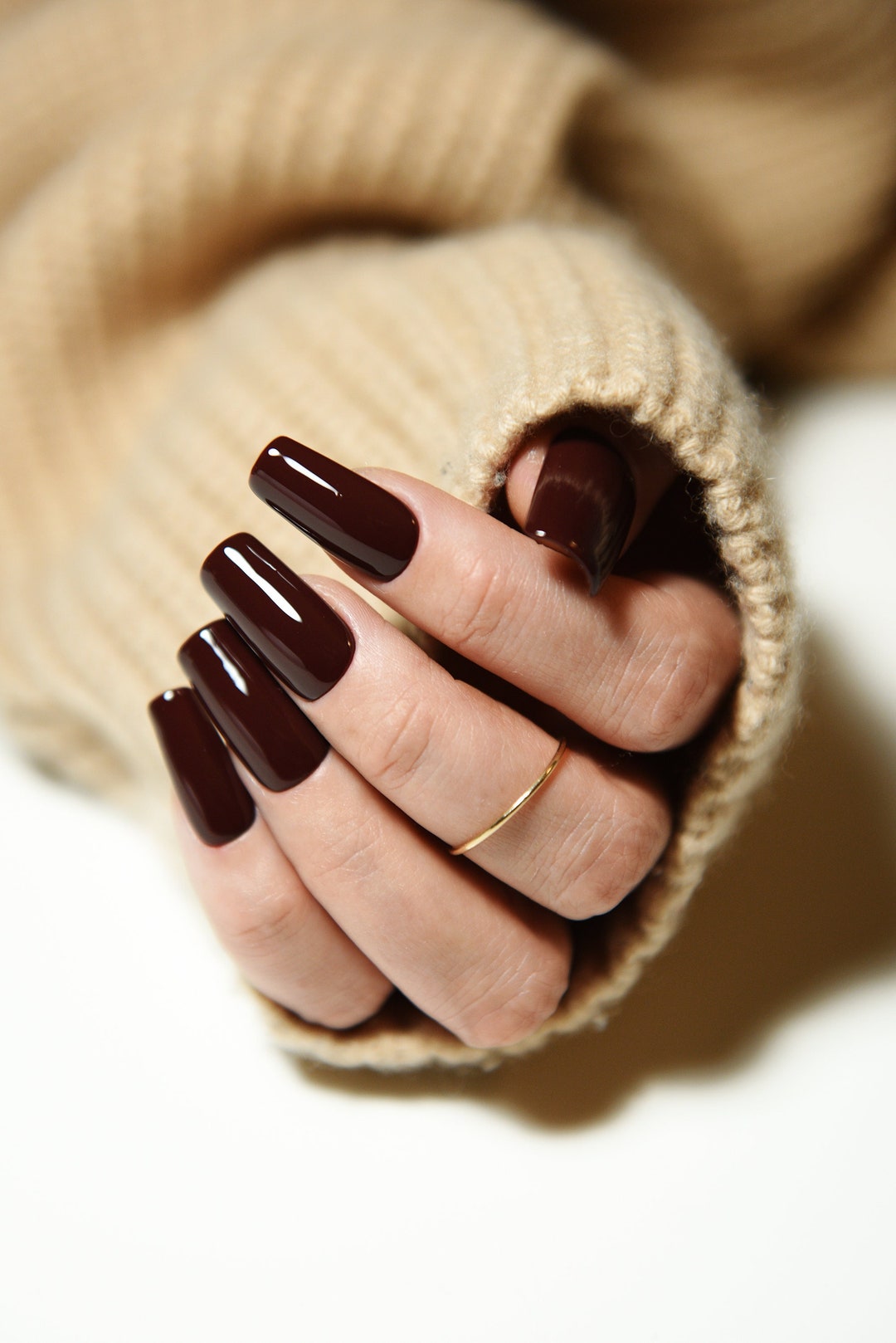 Glossy mocha brown almond press-on nails