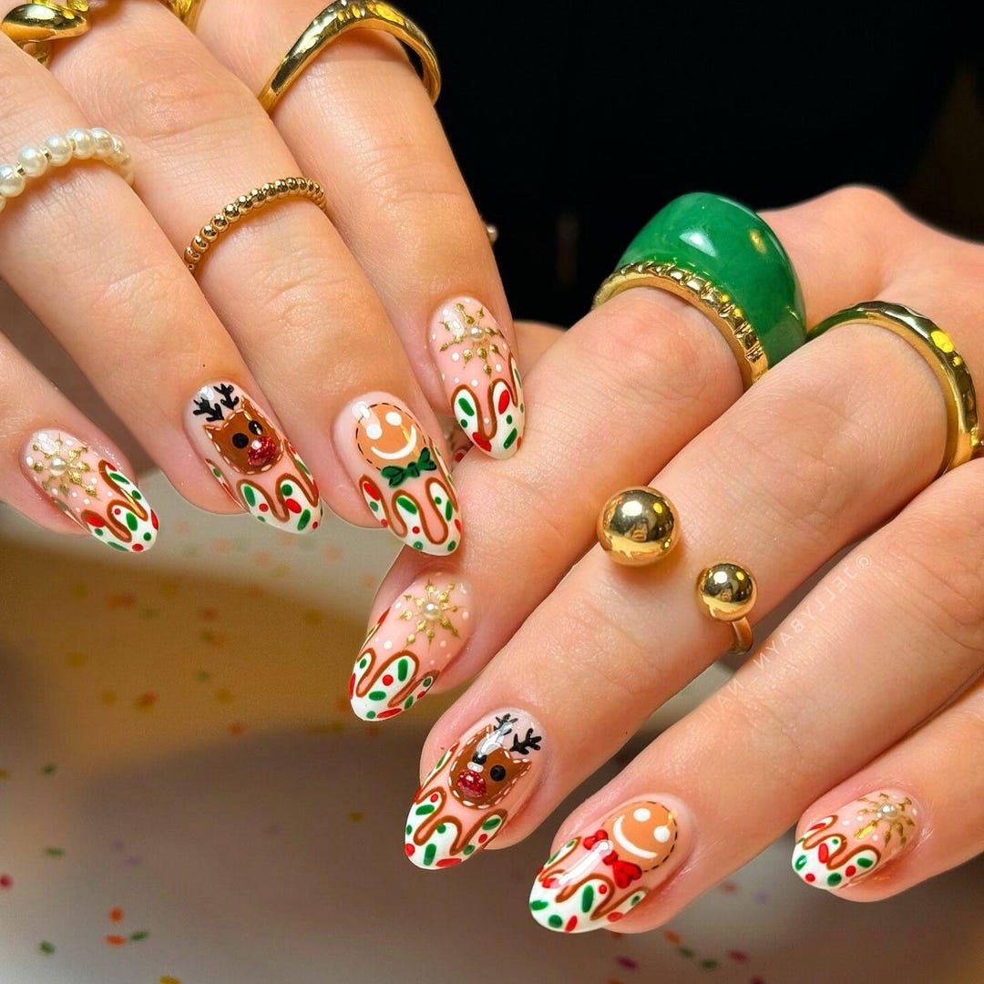 Hand-painted gingerbread Christmas press-on nails