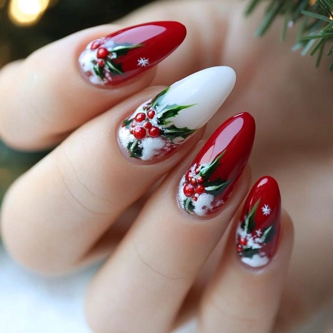 Red berry winter press-on nails with festive design