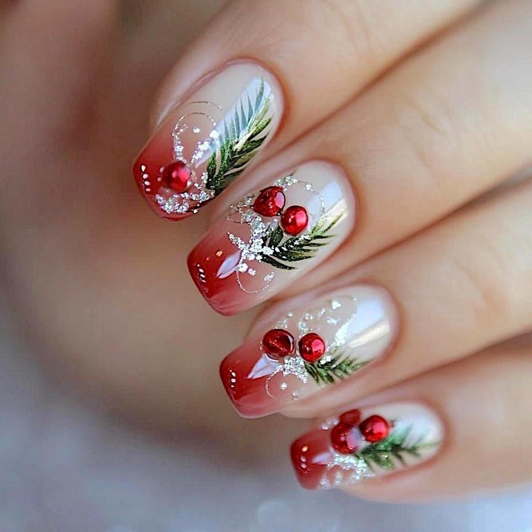 Short square nails with red ombre and holly berry nail art