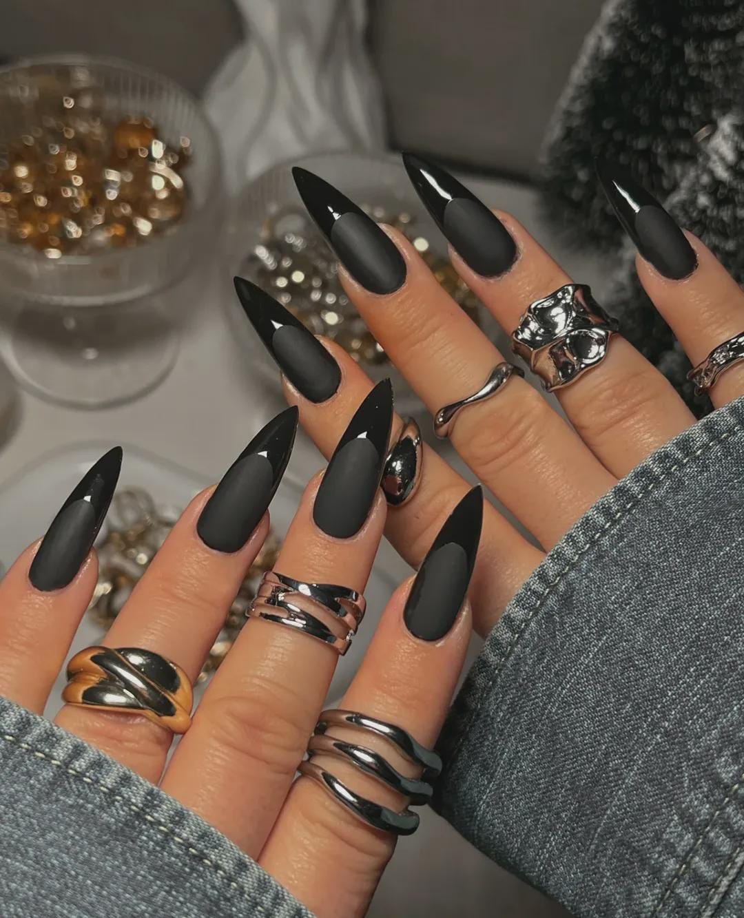 Matte black nails with glossy black French tips, long