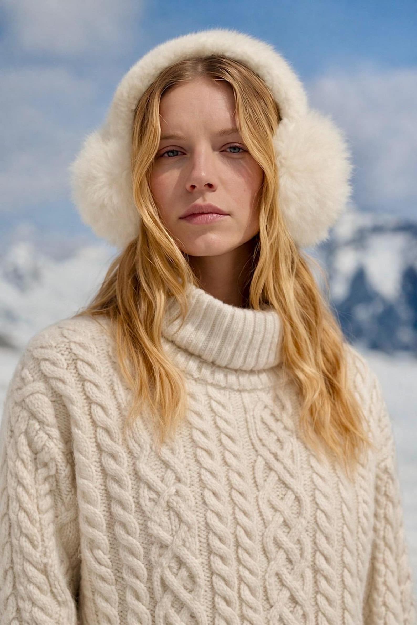 Woman in cream alpaca fur earmuffs and a cream cable knit turtleneck in the mountains