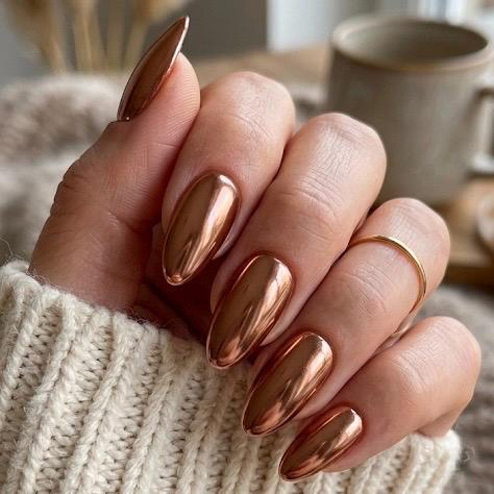 Copper chrome press-on nails in a warm bronze metallic finish