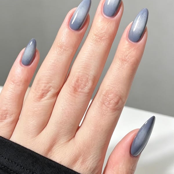 Smoky grey cat-eye magnetic nails, long almond