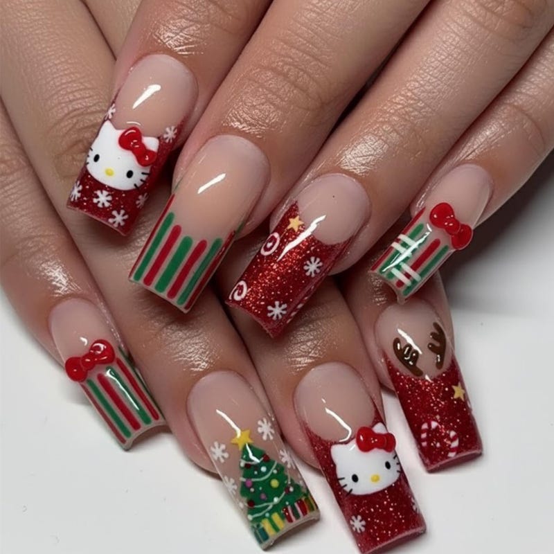 Long square nails with red glitter ombre French tips, Hello Kitty faces, a Christmas tree, candy cane stripes and snowflakes