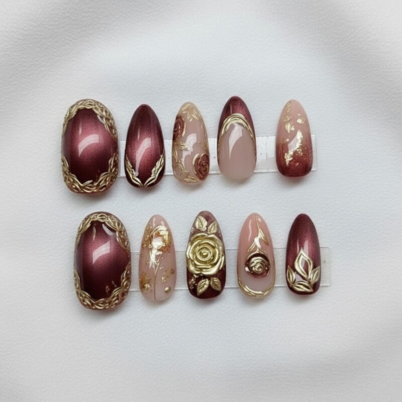 Burgundy nails with gold cat eye French tips