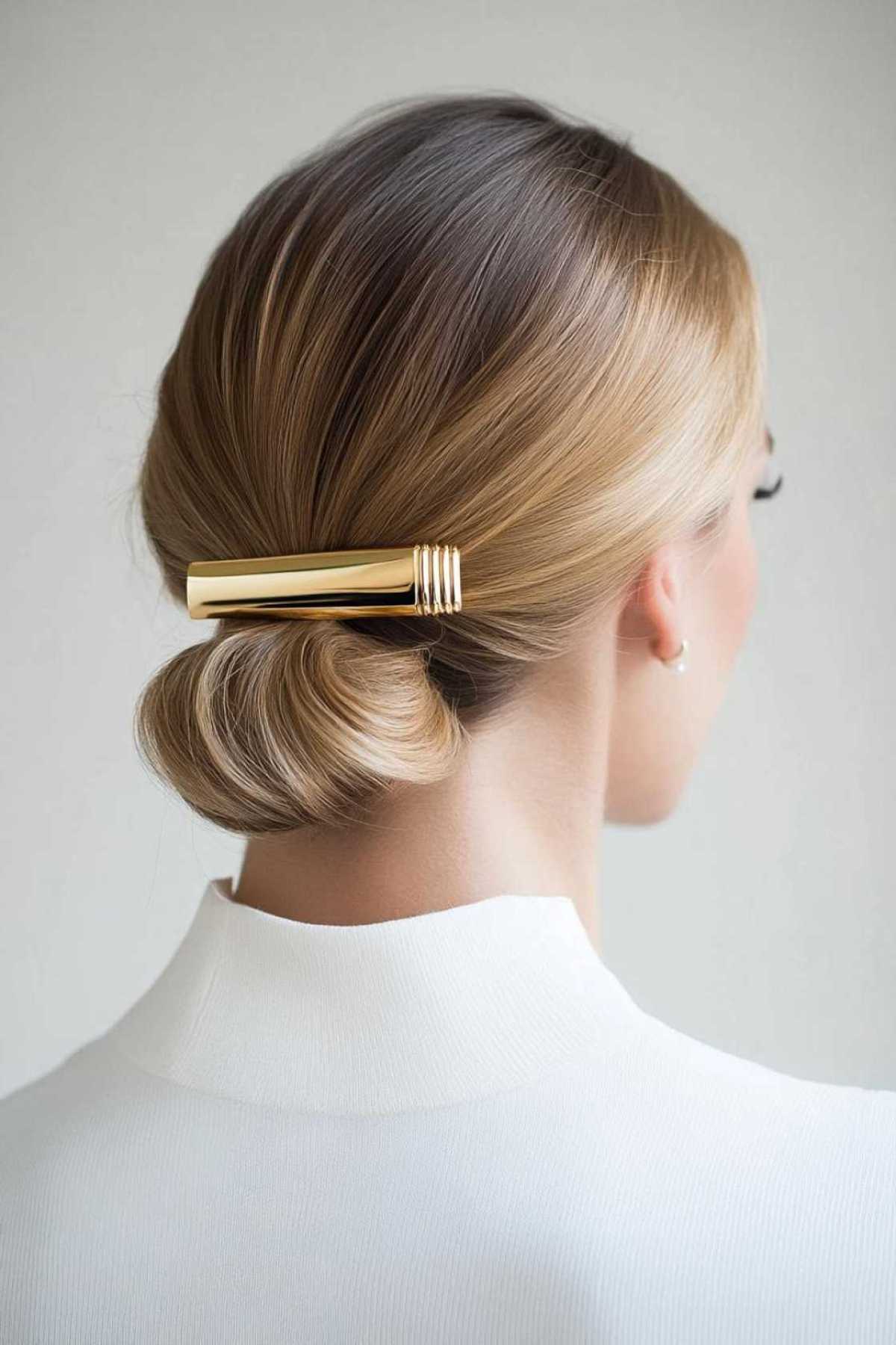 Back view of a low bun fastened with a gold barrette