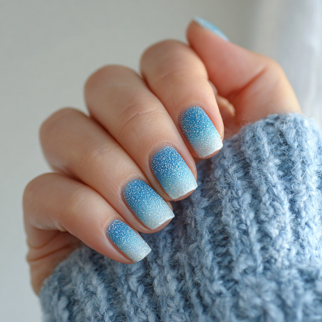 Short square nails fading from icy blue at the cuticle to white at the tips with fine glitter.