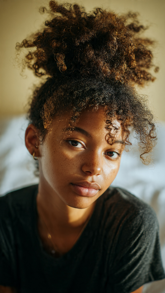 Woman with a twist-out pineapple puff on natural hair