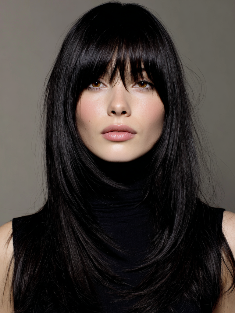 Long jet black hair with wispy full bangs