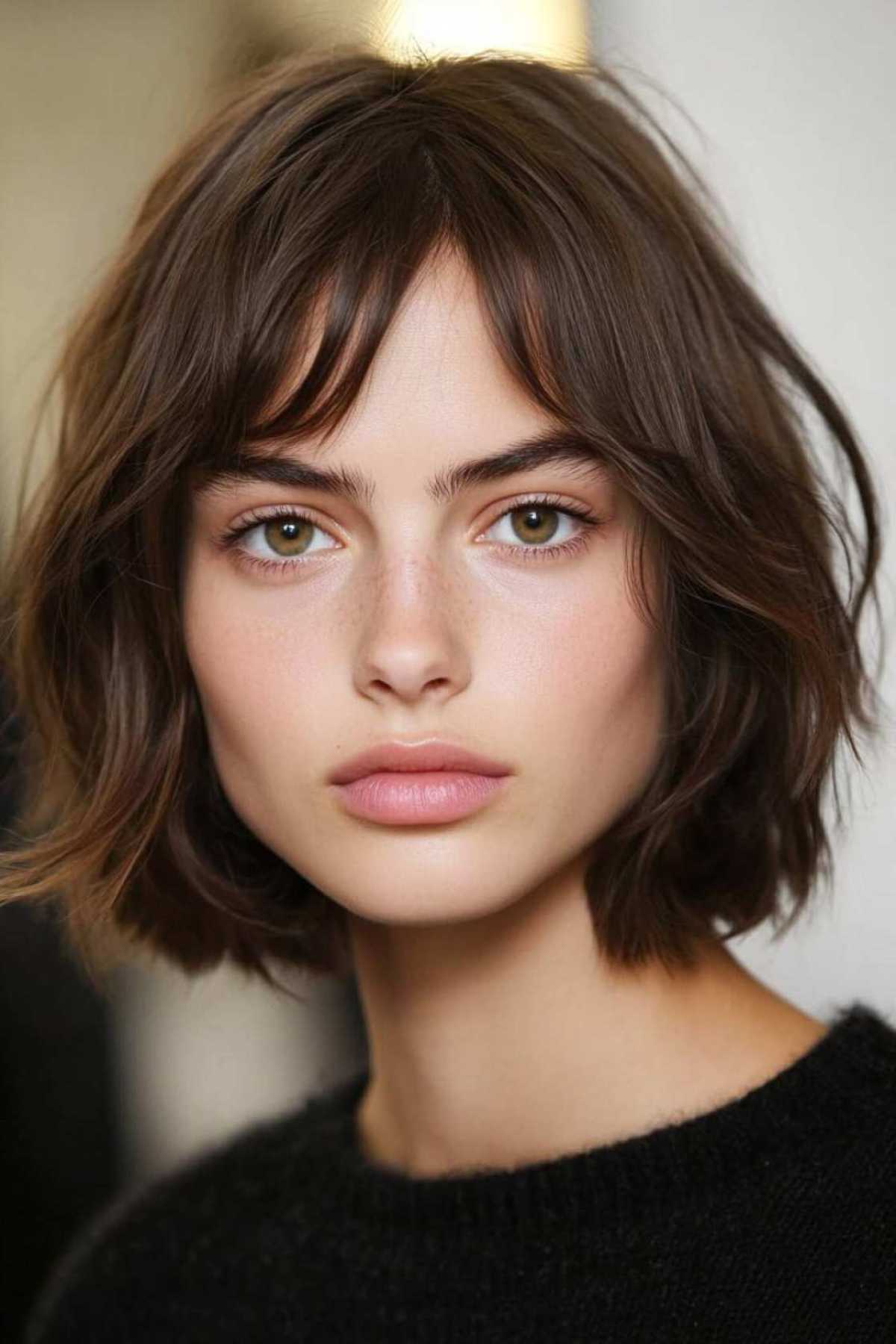 French bob with wispy bangs framing the face