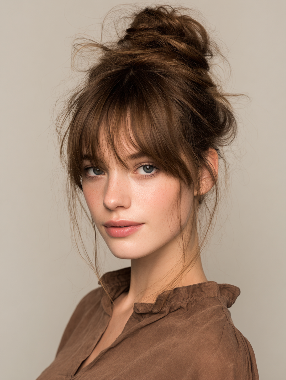 Messy top bun with wispy bangs