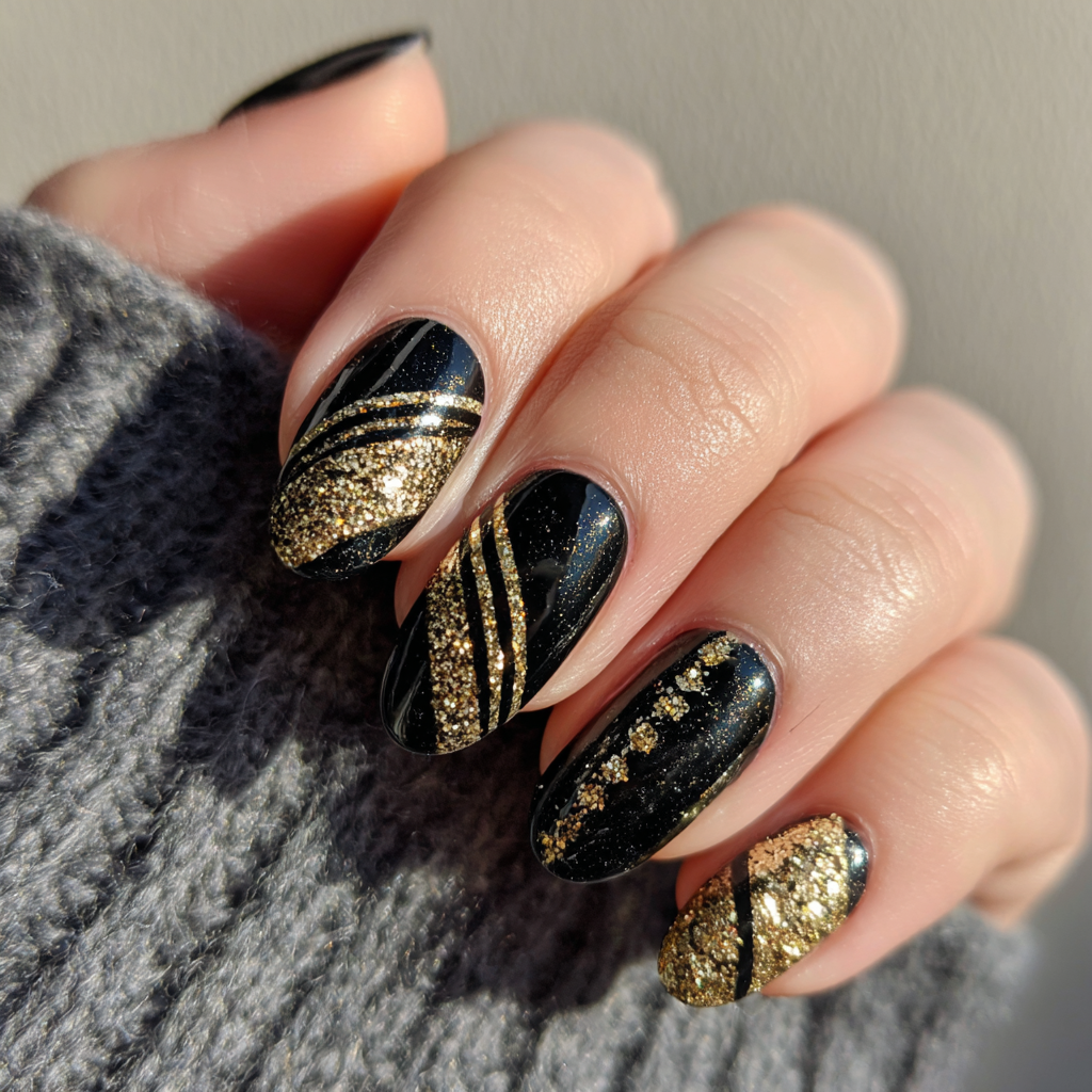 Short oval black nails with thin gold glitter line art and one full gold glitter accent nail