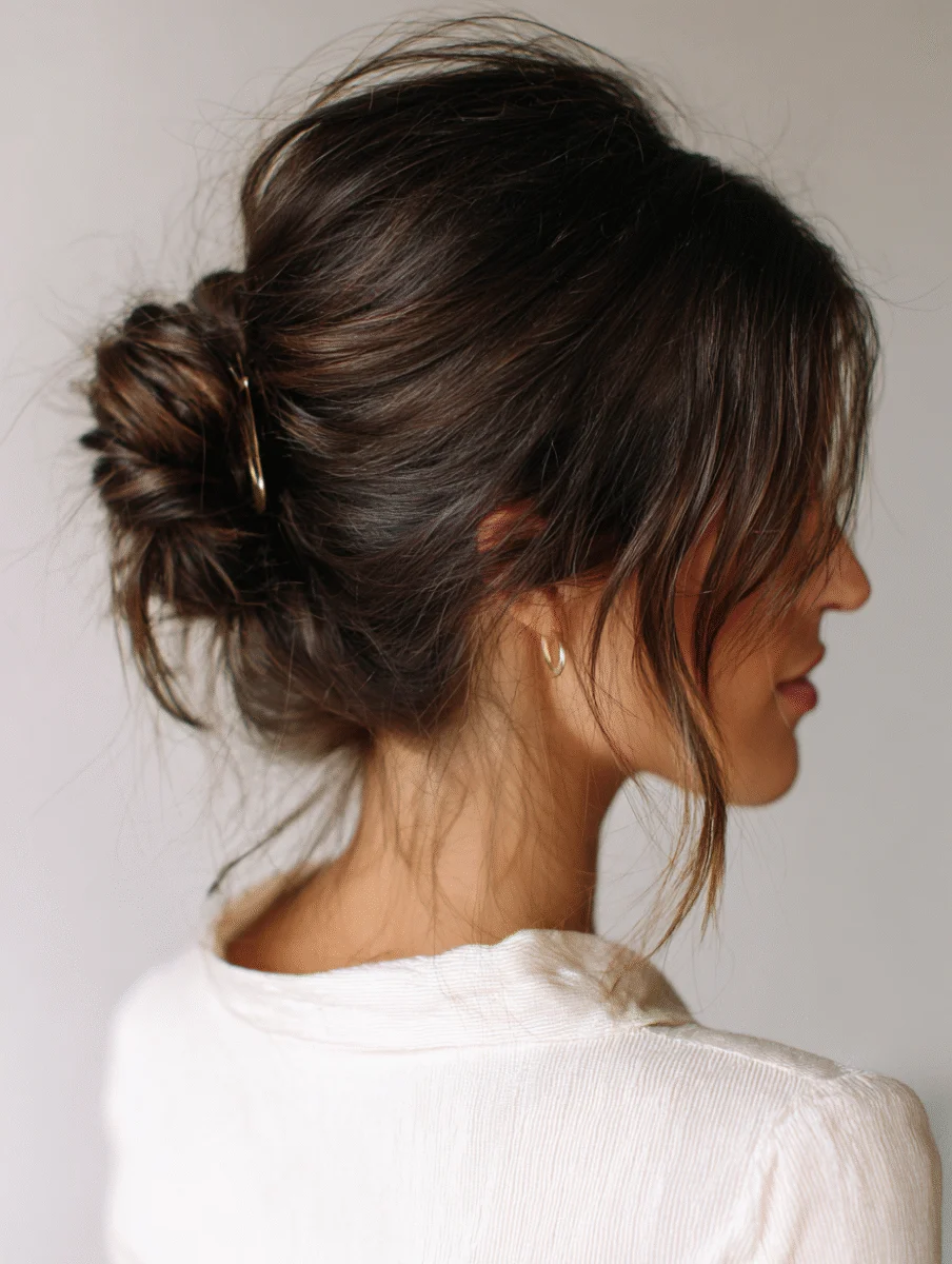 Espresso brown low side bun with wispy fringe and a gold barrette