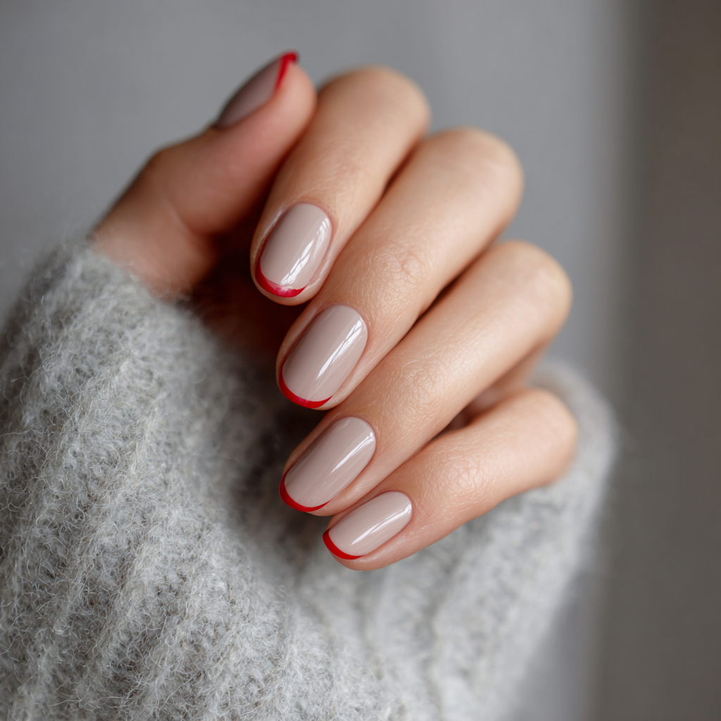 Short nude oval nails with thin red micro French tips