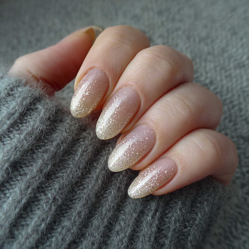Medium almond nails with champagne glitter ombre fading from a nude base