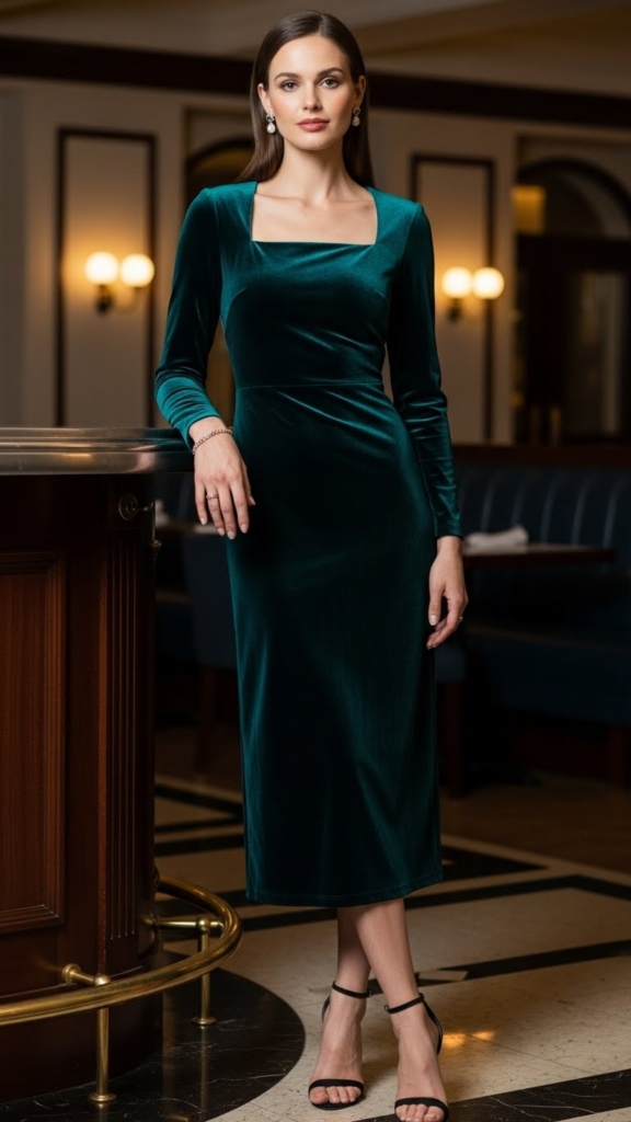 Woman wearing a jewel-toned velvet dress for New Year's Eve