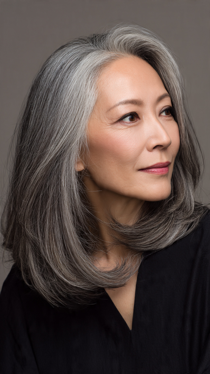 Mature woman with seamlessly blended silver gray hair with ash blonde dimension