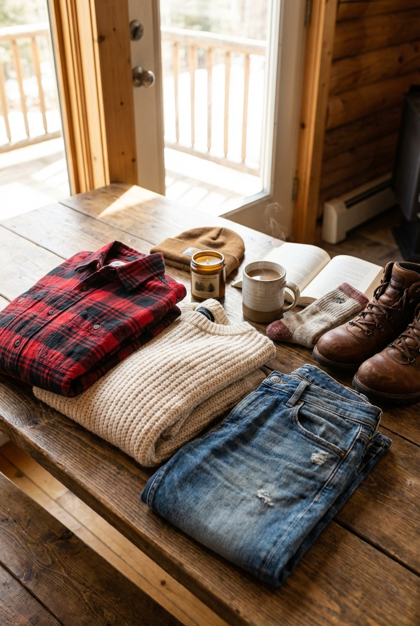 Woman styling mix-and-match flannel layers for a weekend cabin trip