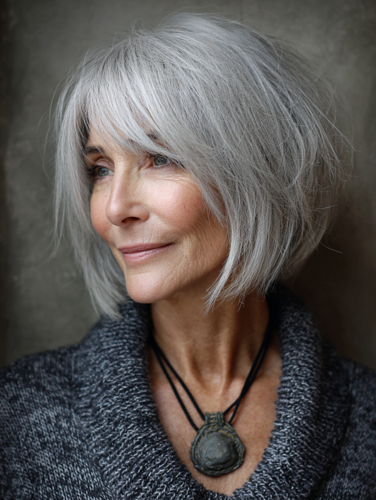 Older woman with a tapered pixie haircut with volume at the crown