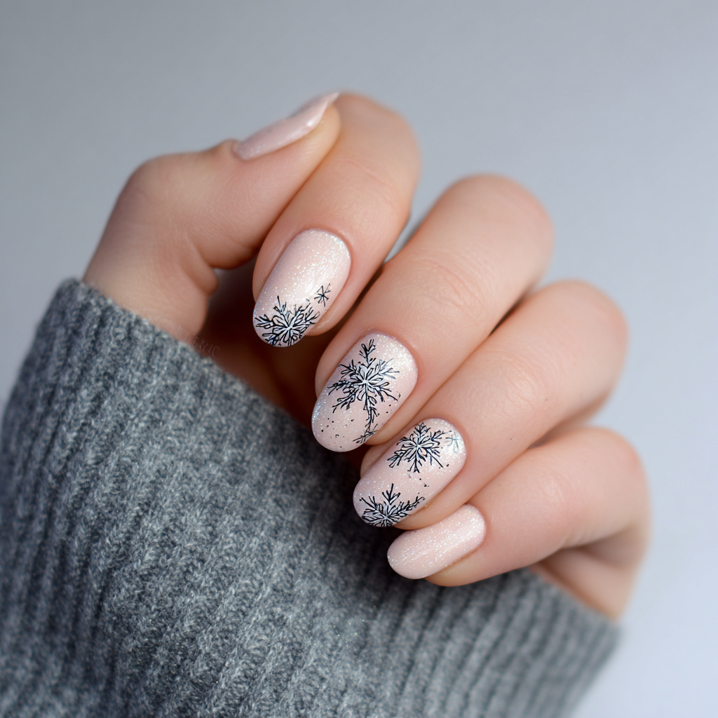 Almond nails with a sheer nude base and dark snowflake line art